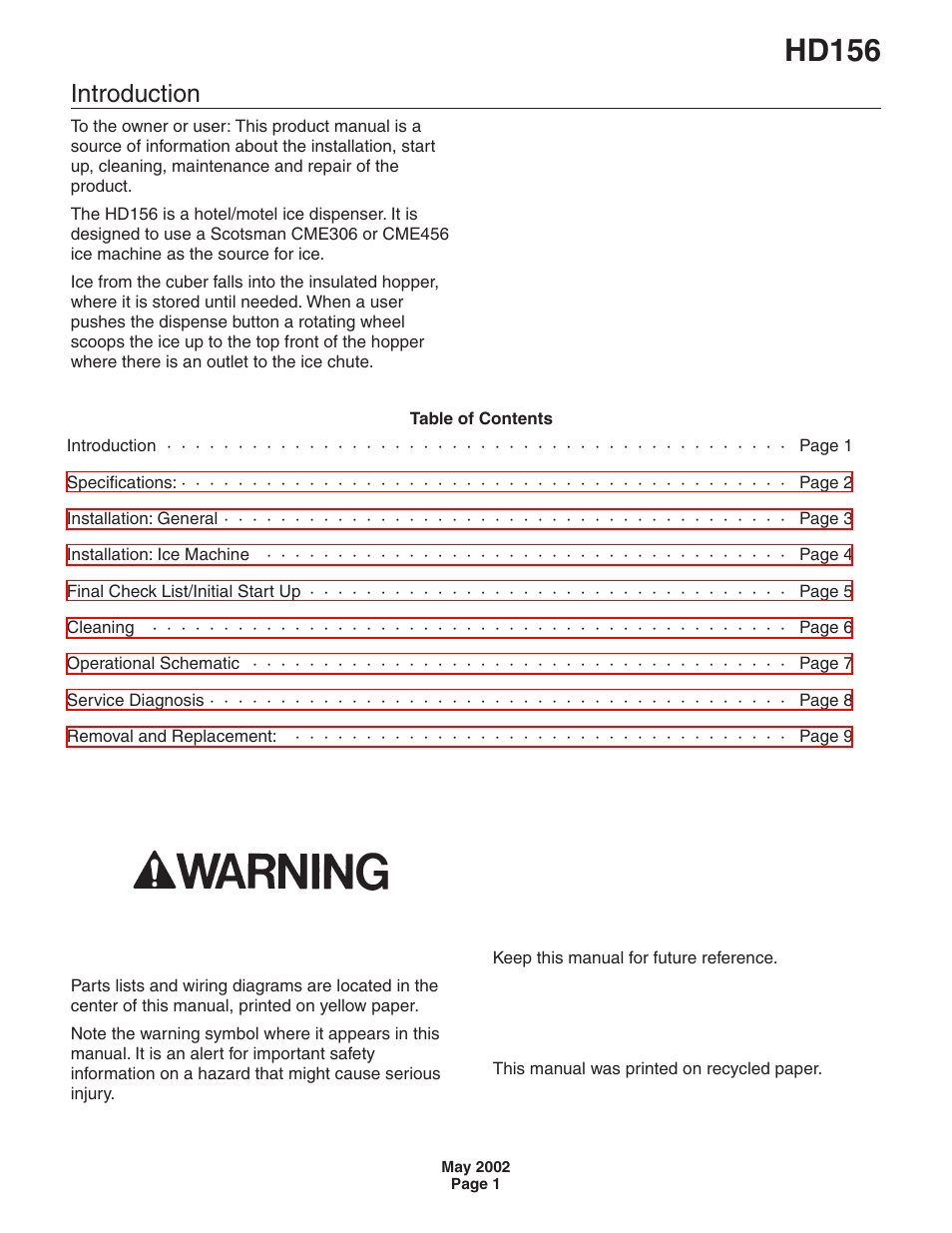 Scotsman HD156 User Manual | 9 pages