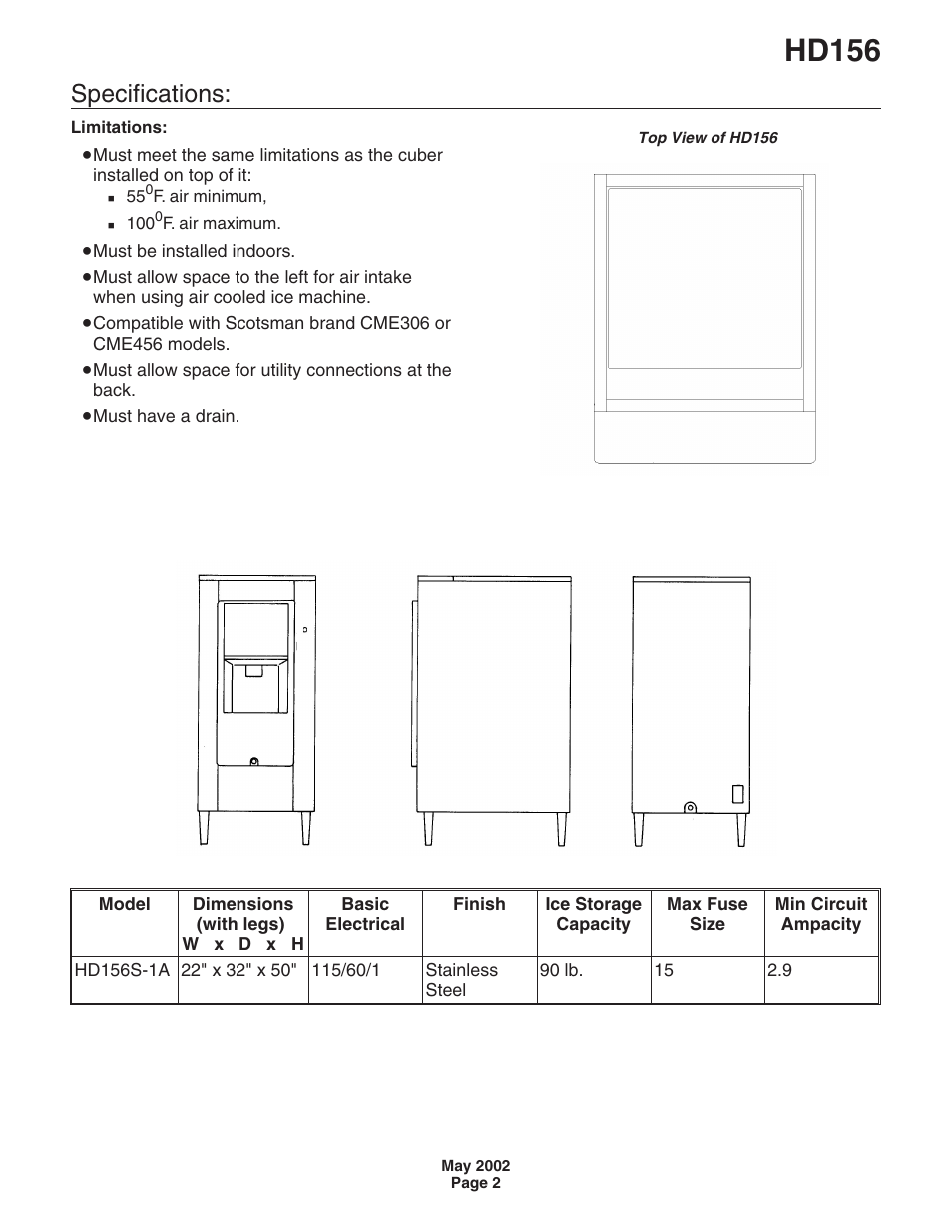 Hd156, Specifications | Scotsman HD156 User Manual | Page 2 / 9