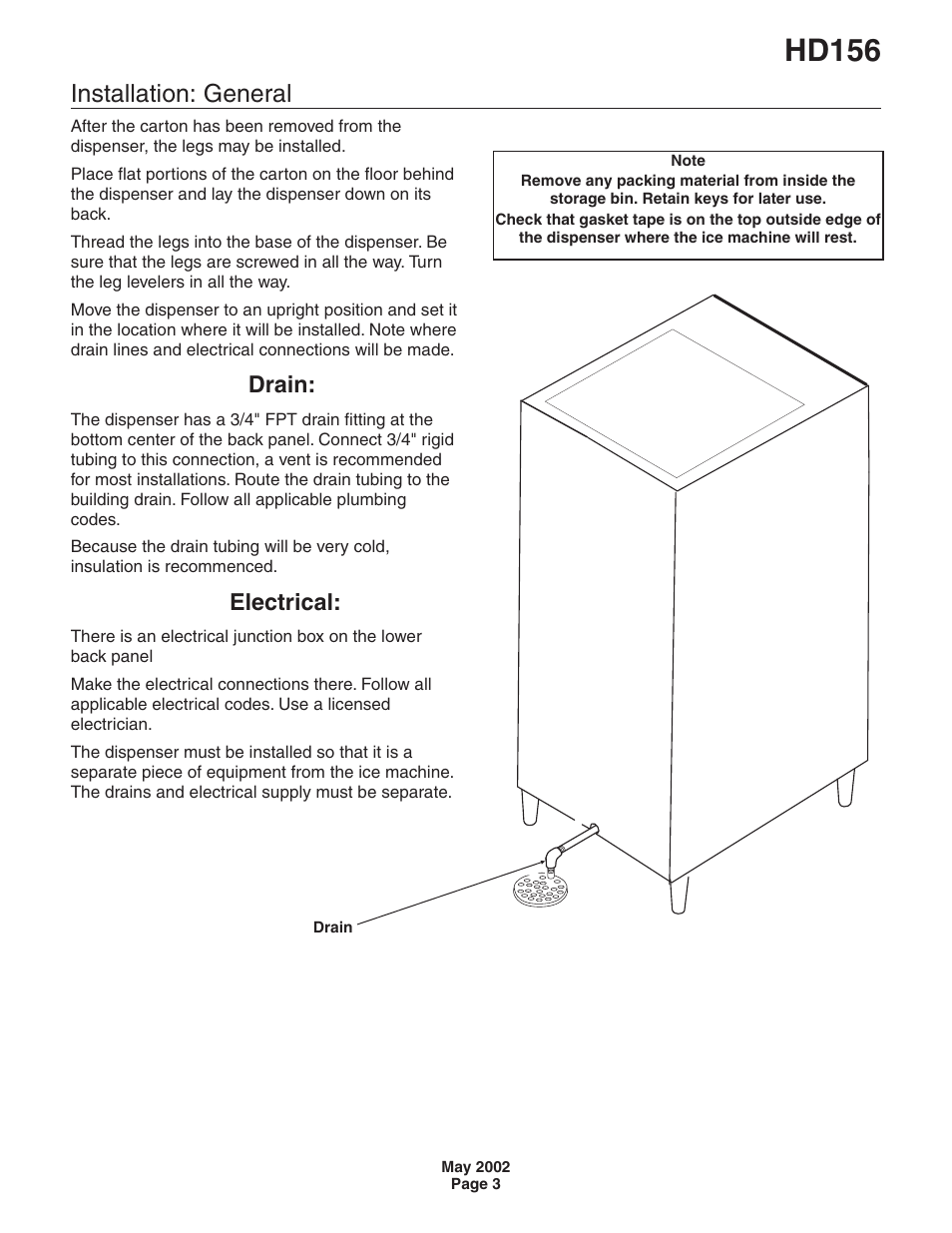 Hd156, Installation: general, Drain | Electrical | Scotsman HD156 User Manual | Page 3 / 9