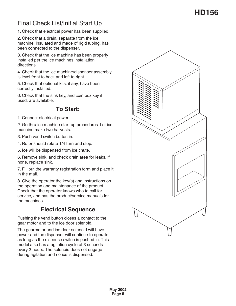 Hd156, Final check list/initial start up, Electrical sequence | Scotsman HD156 User Manual | Page 5 / 9