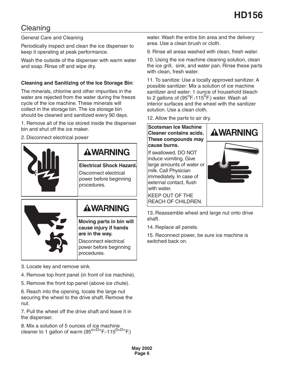 Cleaning, Hd156 | Scotsman HD156 User Manual | Page 6 / 9
