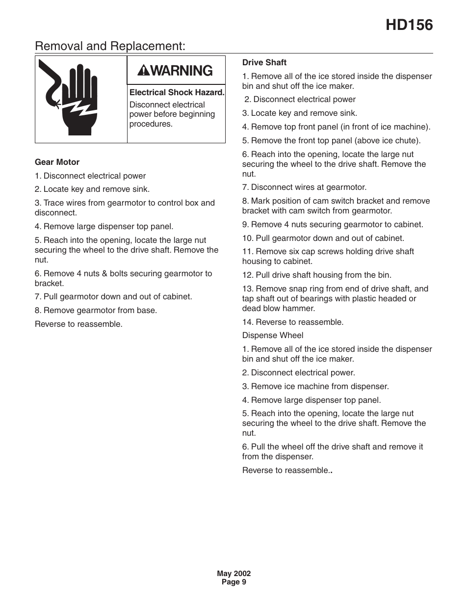 Removal and replacement, Hd156 | Scotsman HD156 User Manual | Page 9 / 9