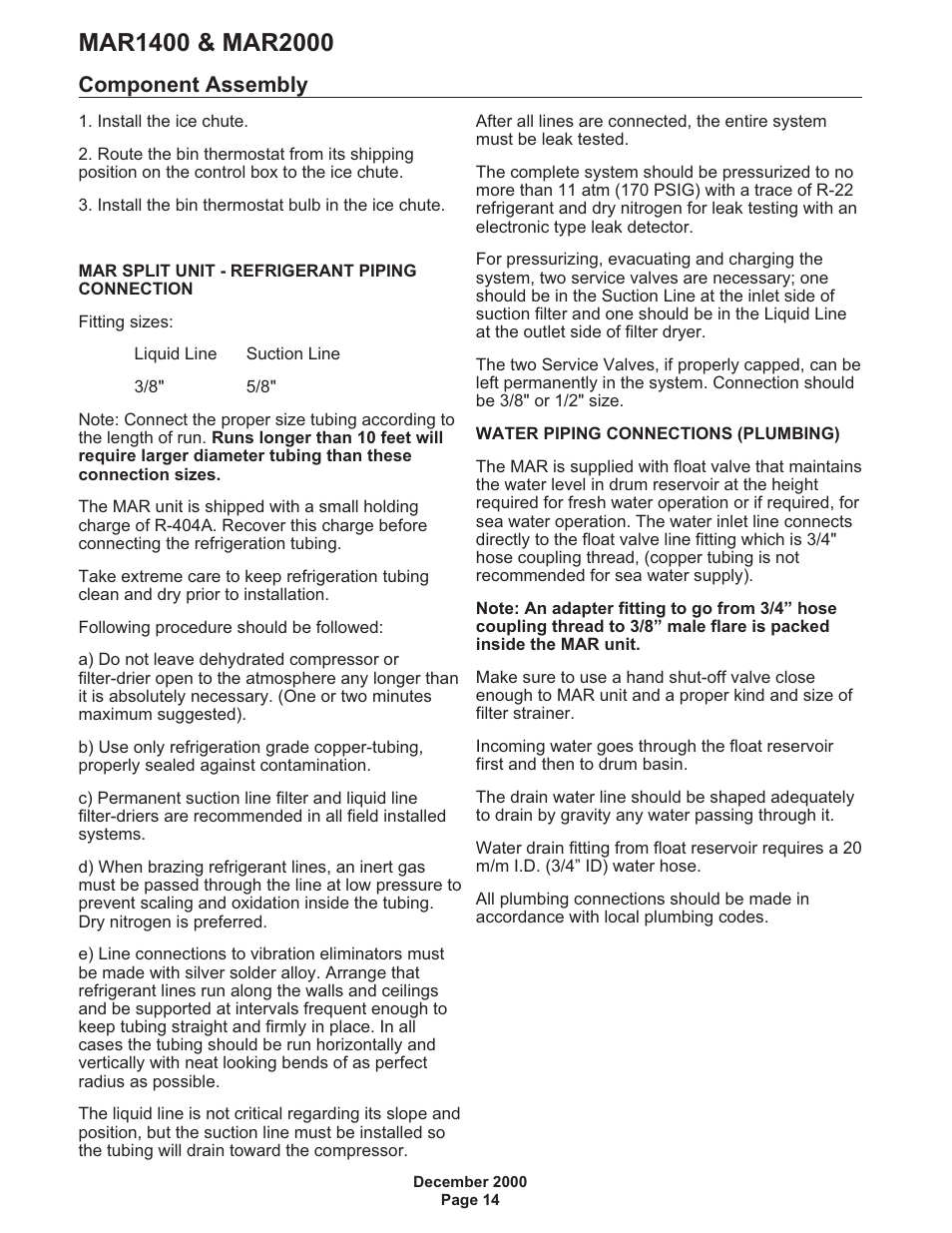 Component assembly 14, Component assembly | Scotsman MAR1400 User Manual | Page 14 / 33