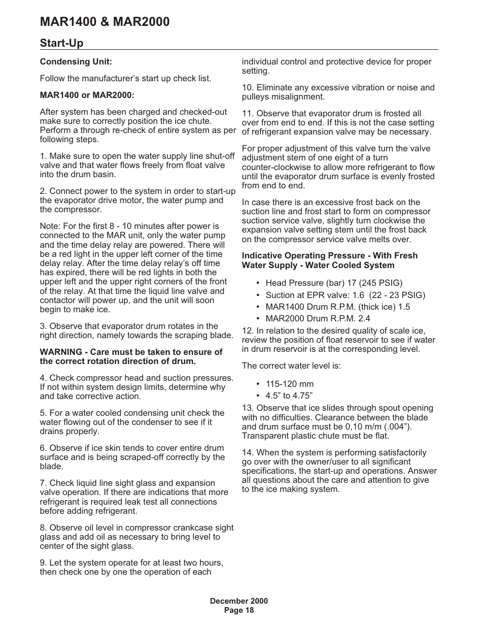 Start-up 18, Start-up | Scotsman MAR1400 User Manual | Page 18 / 33