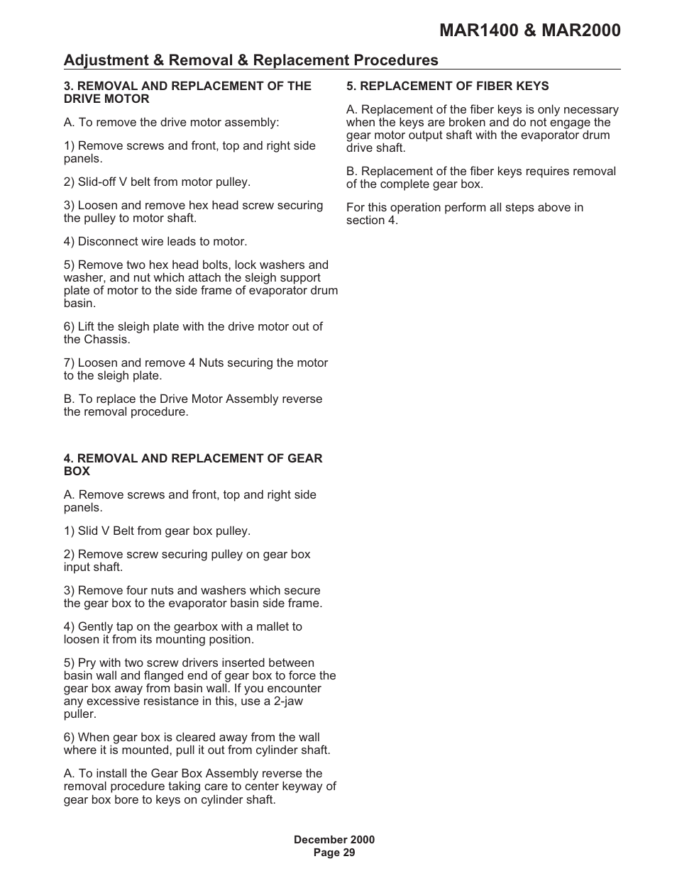 Adjustment & removal & replacement procedures 29, Adjustment & removal & replacement procedures | Scotsman MAR1400 User Manual | Page 29 / 33