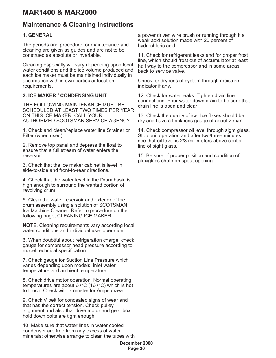 Maintenance & cleaning instructions 30, Maintenance & cleaning instructions | Scotsman MAR1400 User Manual | Page 30 / 33