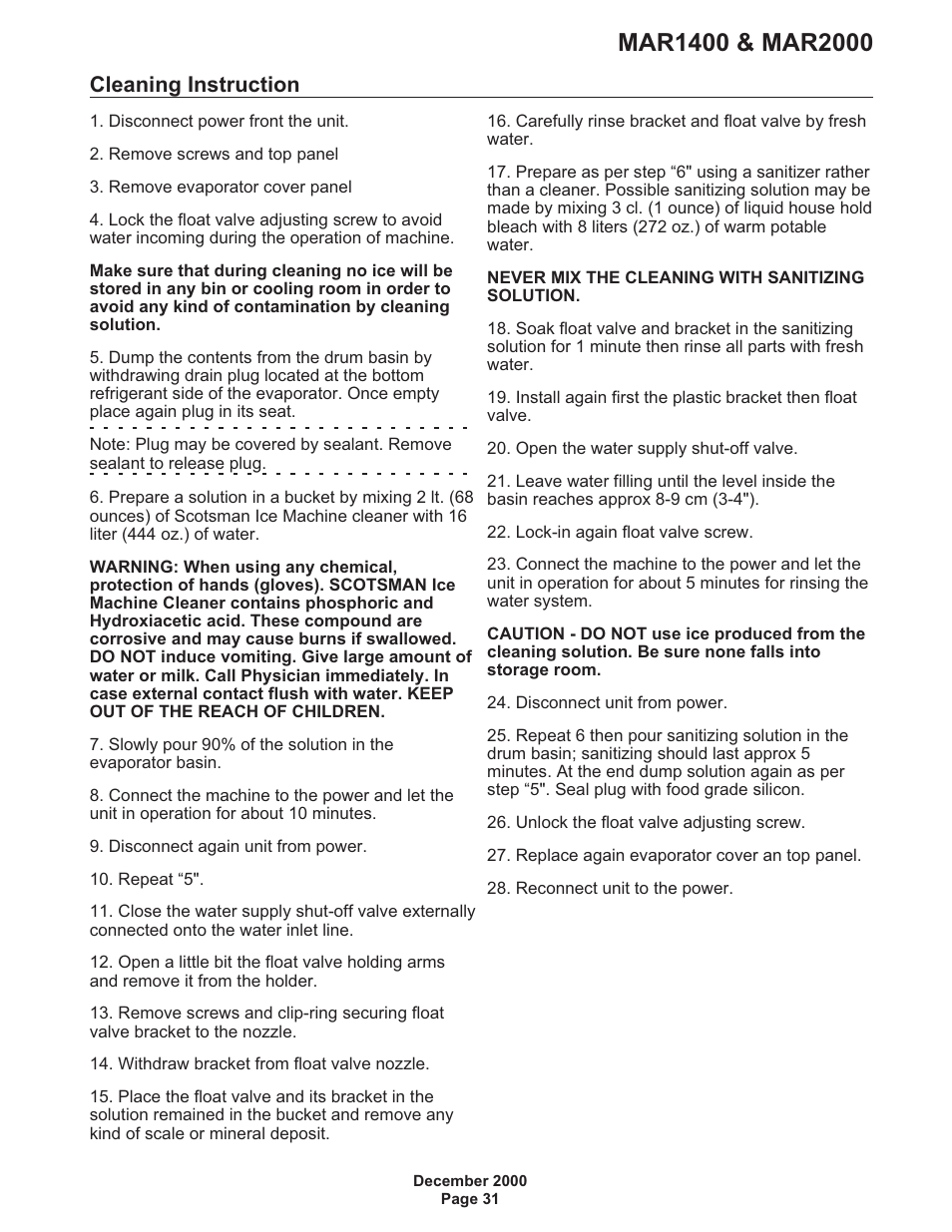 Cleaning instruction 31, Cleaning instruction | Scotsman MAR1400 User Manual | Page 31 / 33