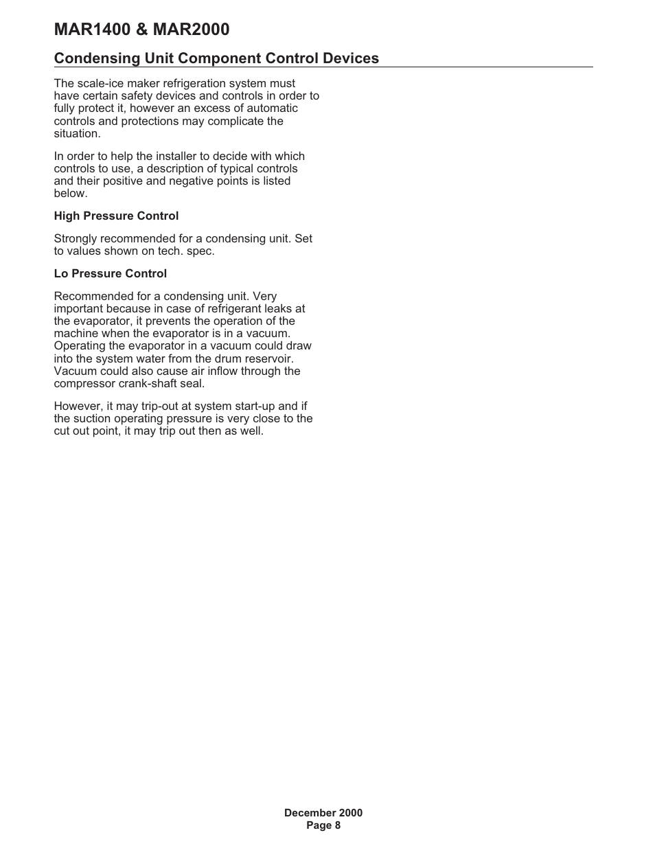 Condensing unit component control devices 8, Condensing unit component control devices | Scotsman MAR1400 User Manual | Page 8 / 33