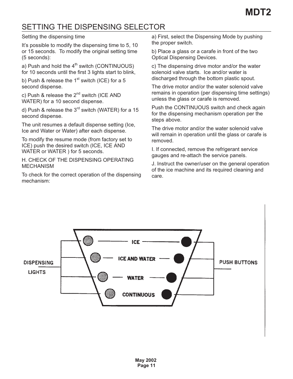 Mdt2, Setting the dispensing selector | Scotsman MDT2 User Manual | Page 11 / 26