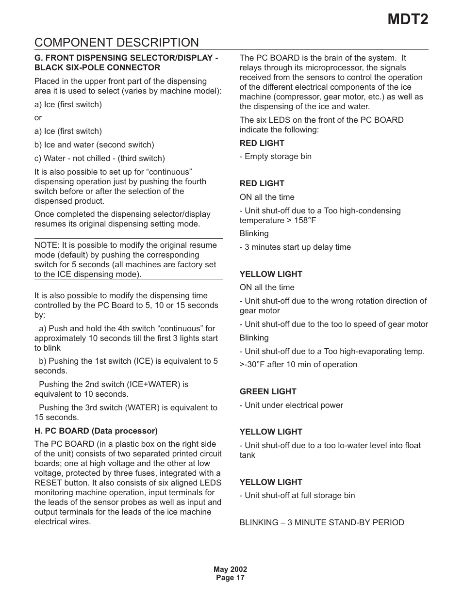 Mdt2, Component description | Scotsman MDT2 User Manual | Page 17 / 26