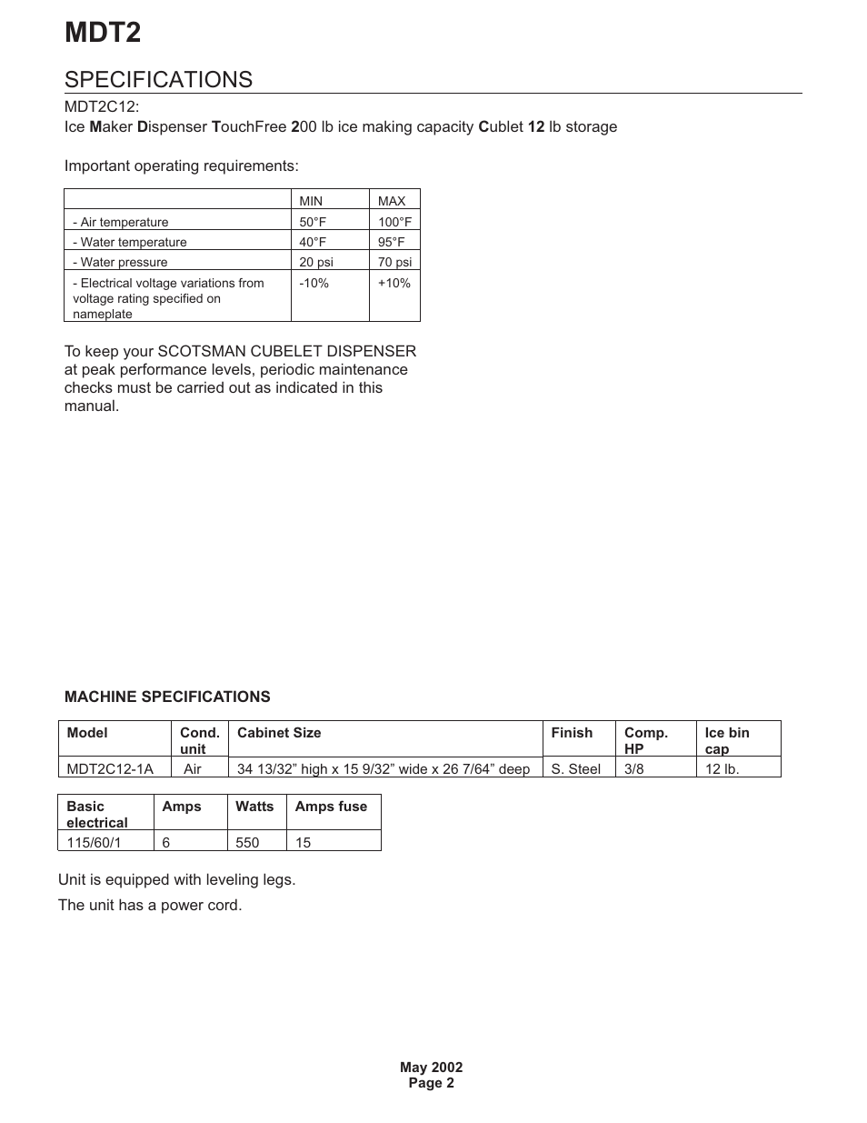 Mdt2, Specifications | Scotsman MDT2 User Manual | Page 2 / 26