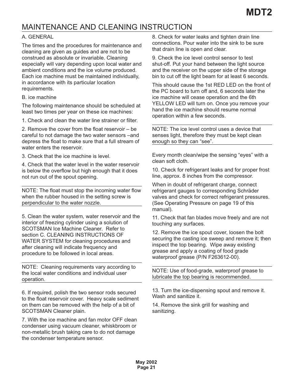 Mdt2, Maintenance and cleaning instruction | Scotsman MDT2 User Manual | Page 21 / 26