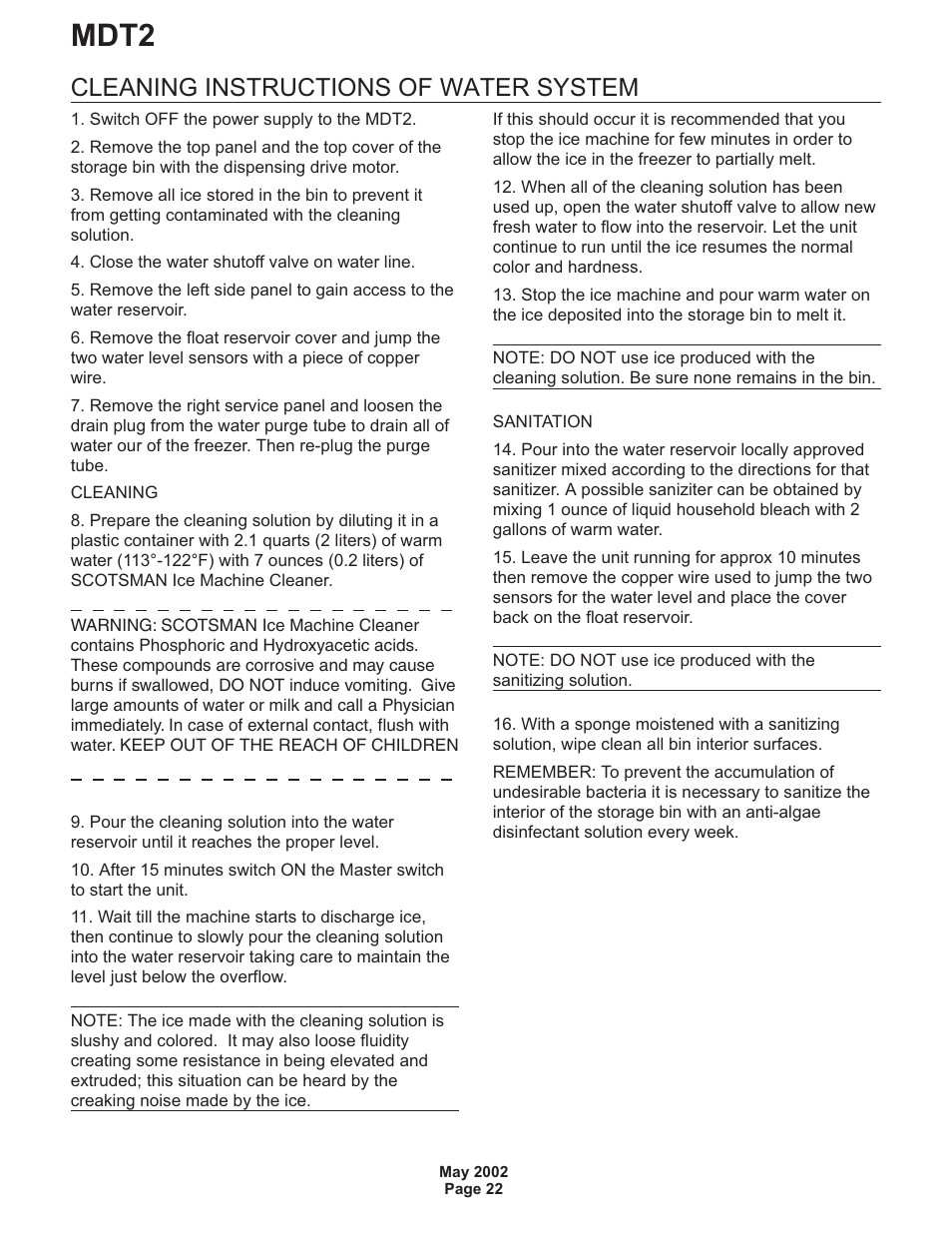 Mdt2, Cleaning instructions of water system | Scotsman MDT2 User Manual | Page 22 / 26