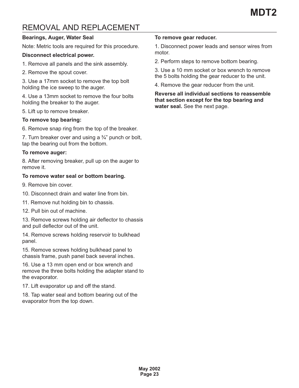Removal and replacement, Mdt2 | Scotsman MDT2 User Manual | Page 23 / 26