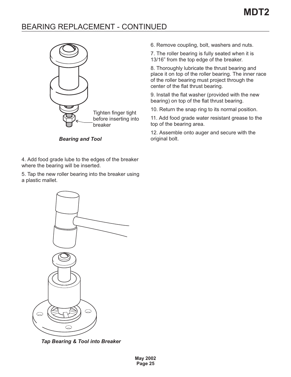 Mdt2, Bearing replacement - continued | Scotsman MDT2 User Manual | Page 25 / 26