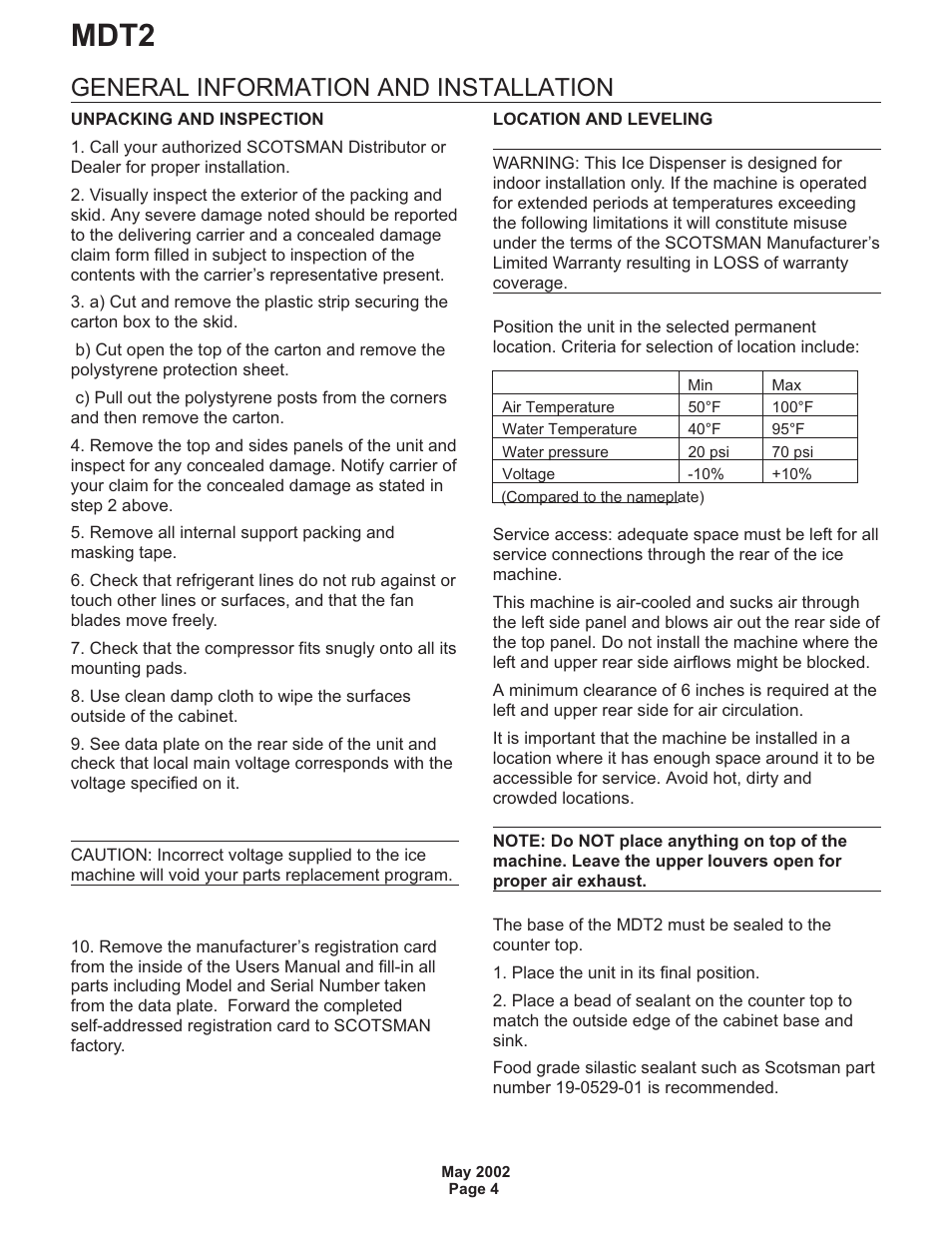 General information and installation, Mdt2 | Scotsman MDT2 User Manual | Page 4 / 26