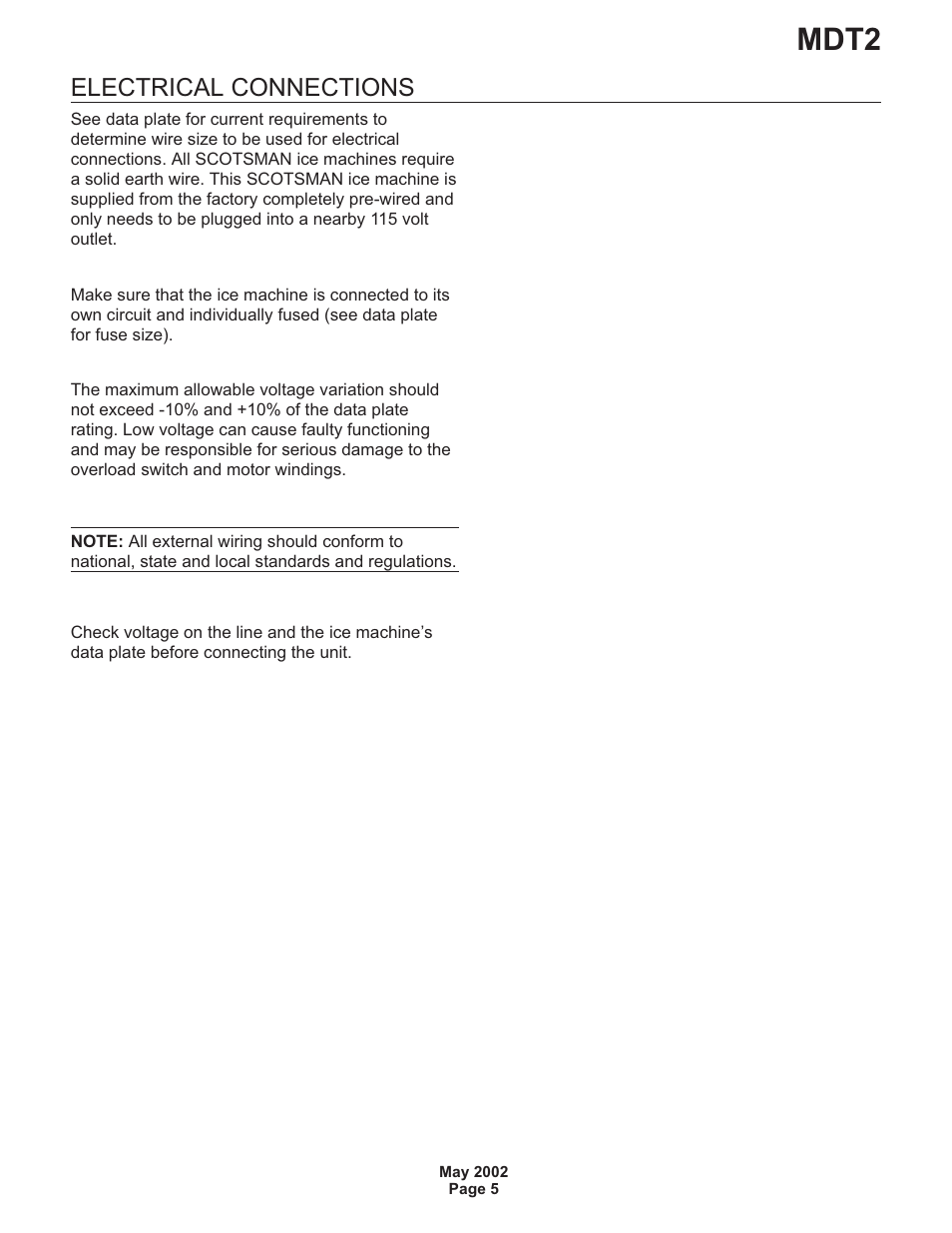 Mdt2, Electrical connections | Scotsman MDT2 User Manual | Page 5 / 26