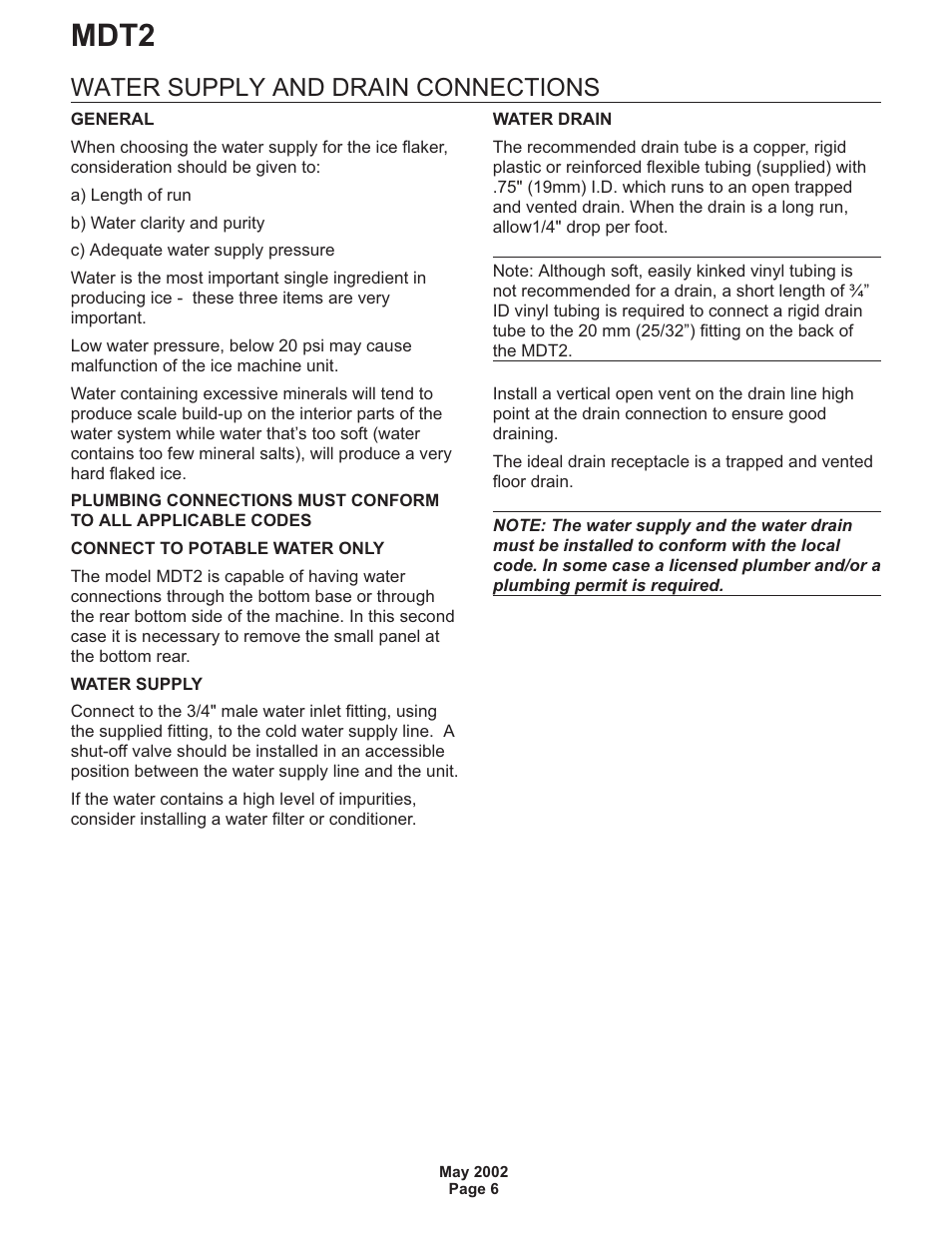 Mdt2, Water supply and drain connections | Scotsman MDT2 User Manual | Page 6 / 26