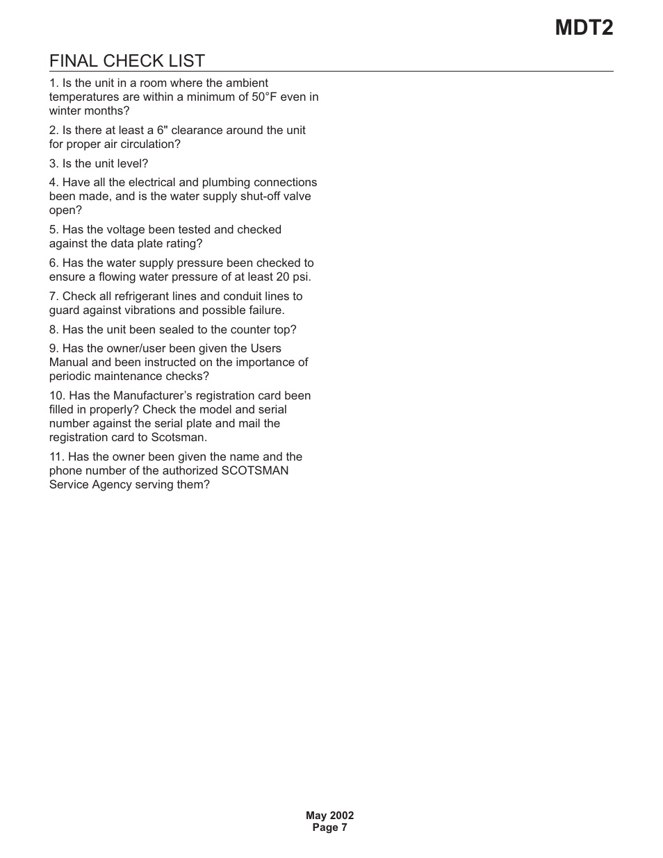 Mdt2, Final check list | Scotsman MDT2 User Manual | Page 7 / 26