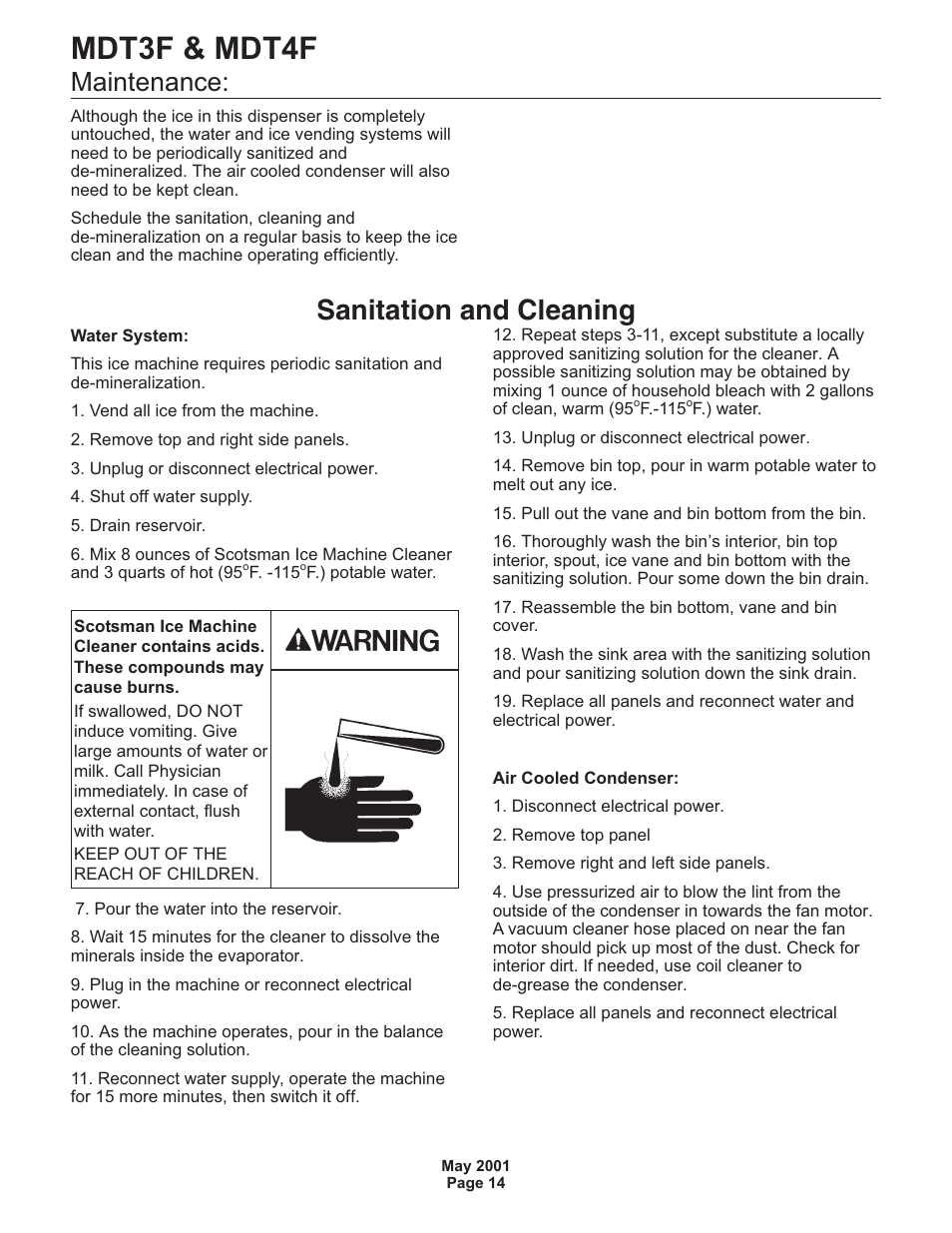 Mdt3f & mdt4f, Sanitation and cleaning, Maintenance | Scotsman MDT3F User Manual | Page 14 / 30