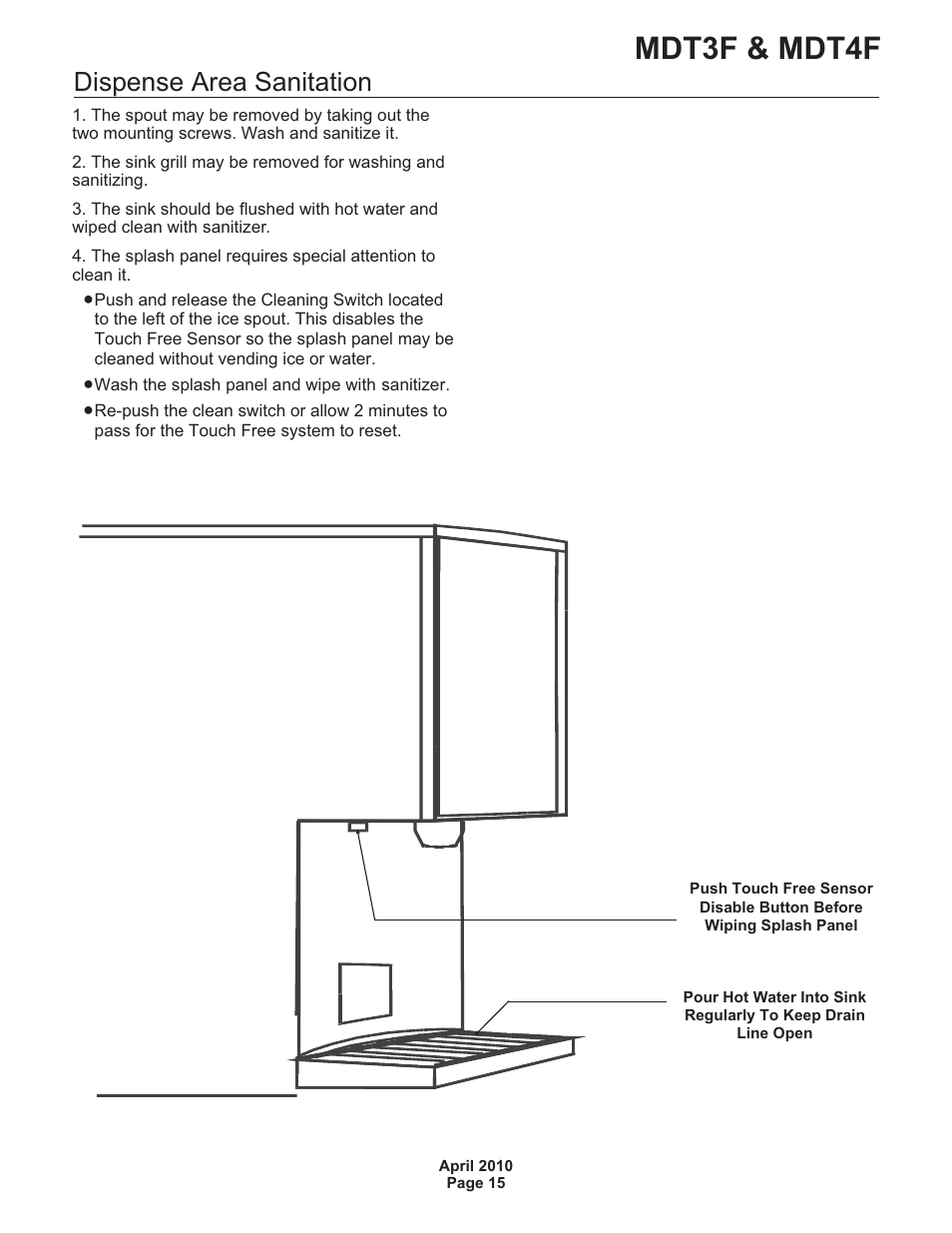 Mdt3f & mdt4f, Dispense area sanitation | Scotsman MDT3F User Manual | Page 15 / 30