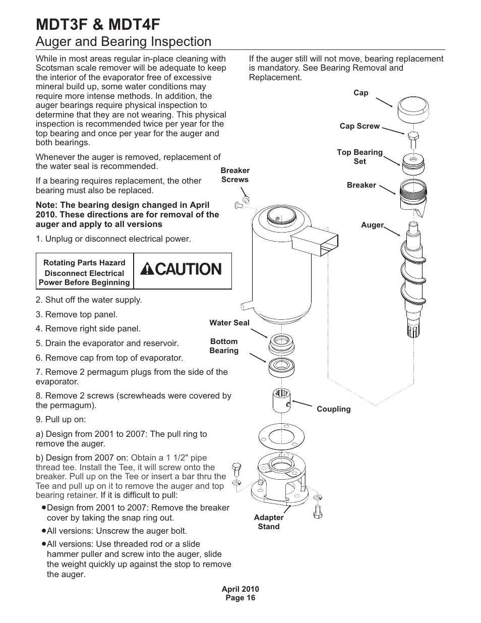 Mdt3f & mdt4f, Auger and bearing inspection | Scotsman MDT3F User Manual | Page 16 / 30