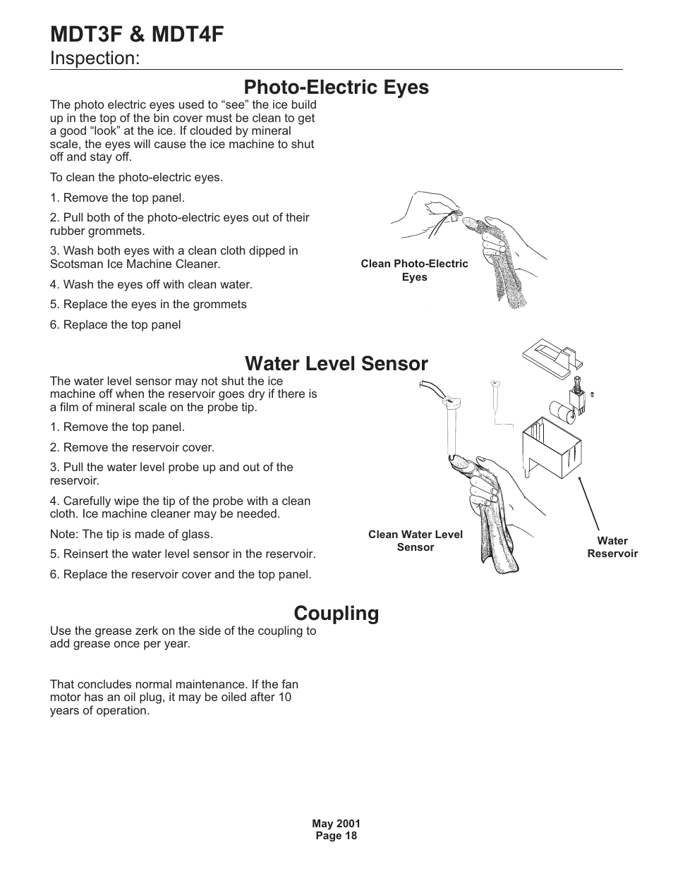 Inspection, Mdt3f & mdt4f, Photo-electric eyes | Water level sensor, Coupling | Scotsman MDT3F User Manual | Page 18 / 30