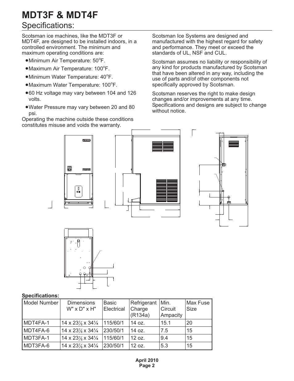 Mdt3f & mdt4f, Specifications | Scotsman MDT3F User Manual | Page 2 / 30