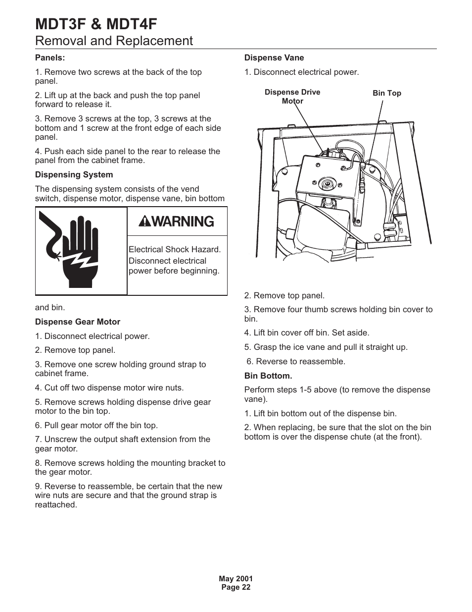 Mdt3f & mdt4f, Removal and replacement | Scotsman MDT3F User Manual | Page 23 / 30