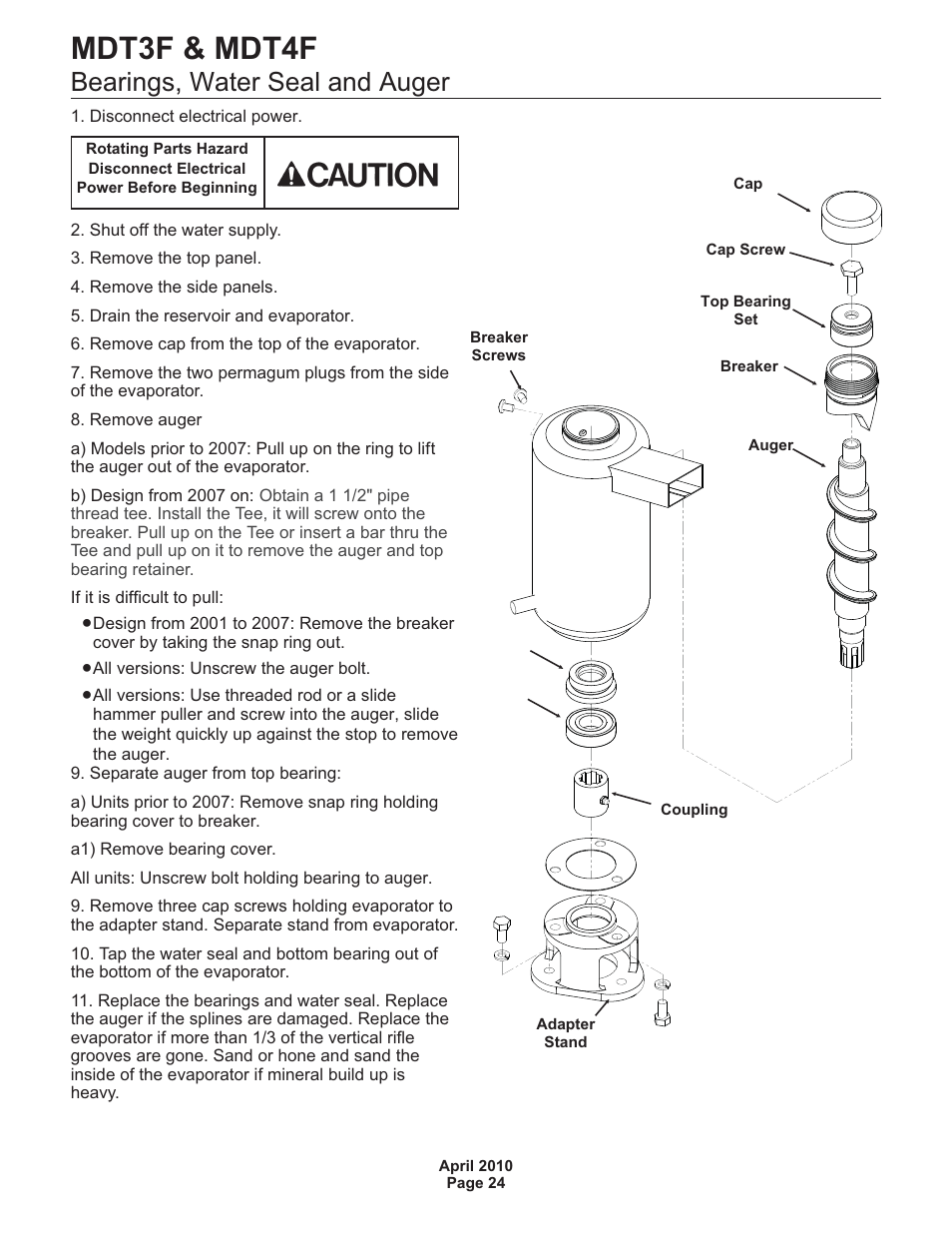 Mdt3f & mdt4f, Bearings, water seal and auger | Scotsman MDT3F User Manual | Page 25 / 30