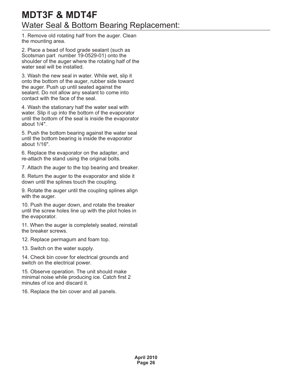 Mdt3f & mdt4f, Water seal & bottom bearing replacement | Scotsman MDT3F User Manual | Page 27 / 30