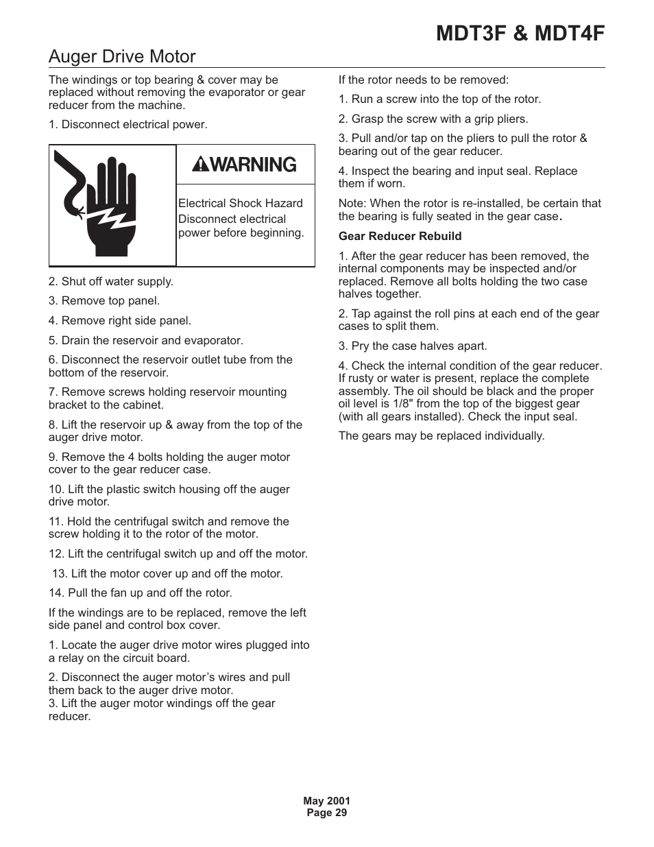 Mdt3f & mdt4f, Auger drive motor | Scotsman MDT3F User Manual | Page 30 / 30
