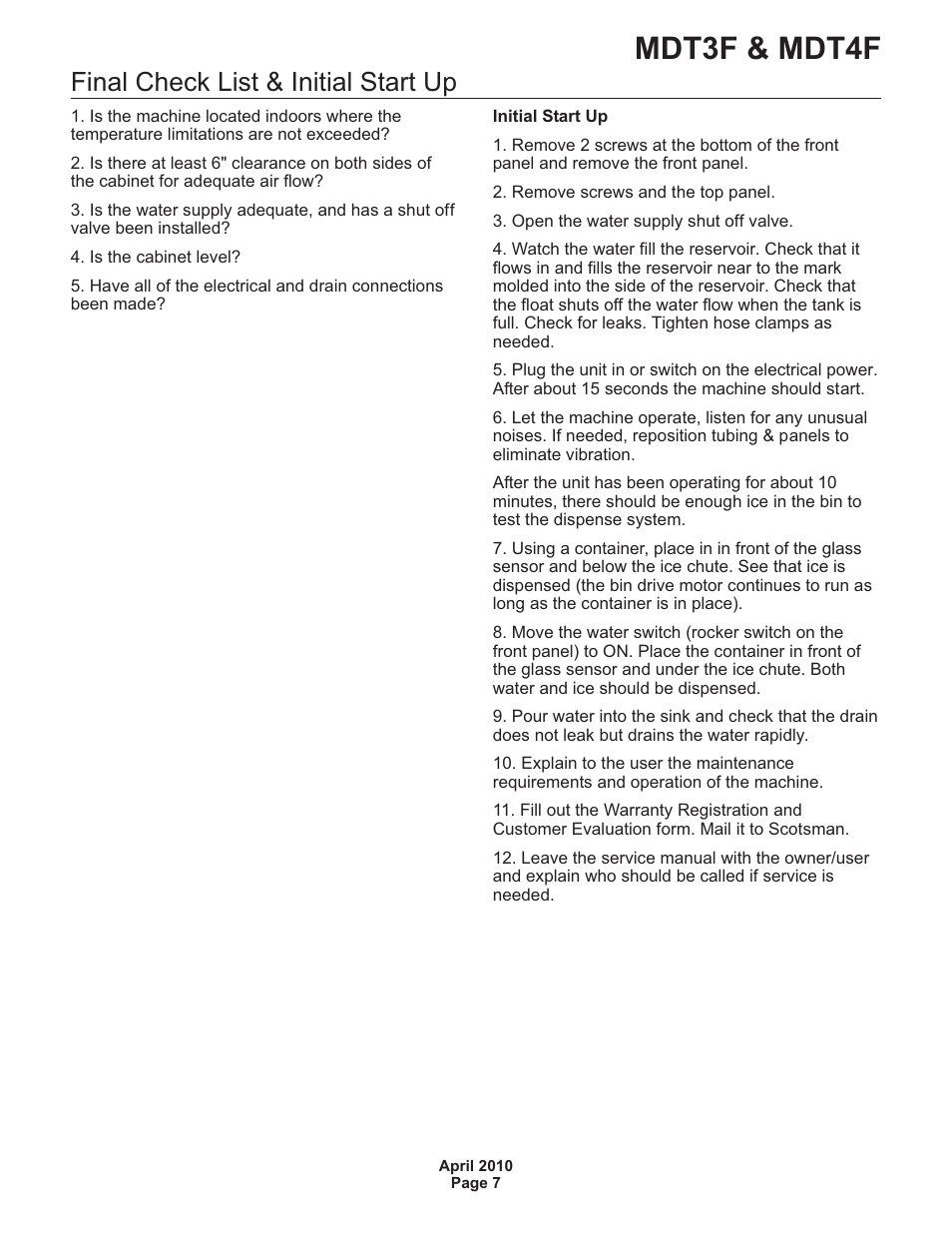 Mdt3f & mdt4f, Final check list & initial start up | Scotsman MDT3F User Manual | Page 7 / 30