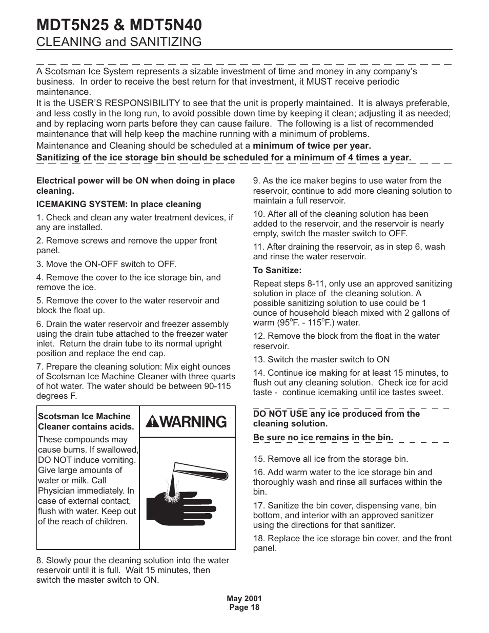 Cleaning and sanitizing | Scotsman MDT5N25 User Manual | Page 18 / 33