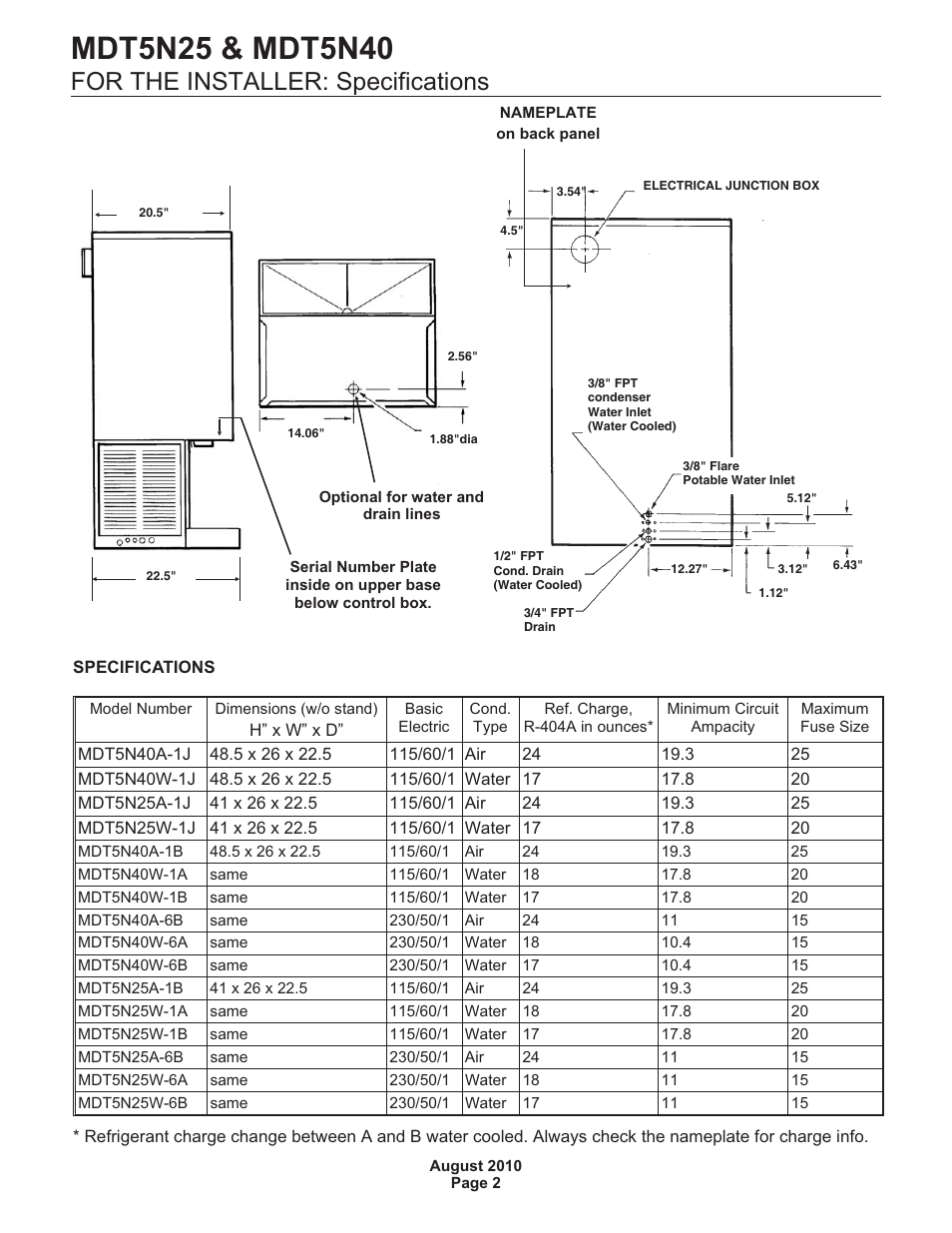 For the installer: specifications | Scotsman MDT5N25 User Manual | Page 2 / 33