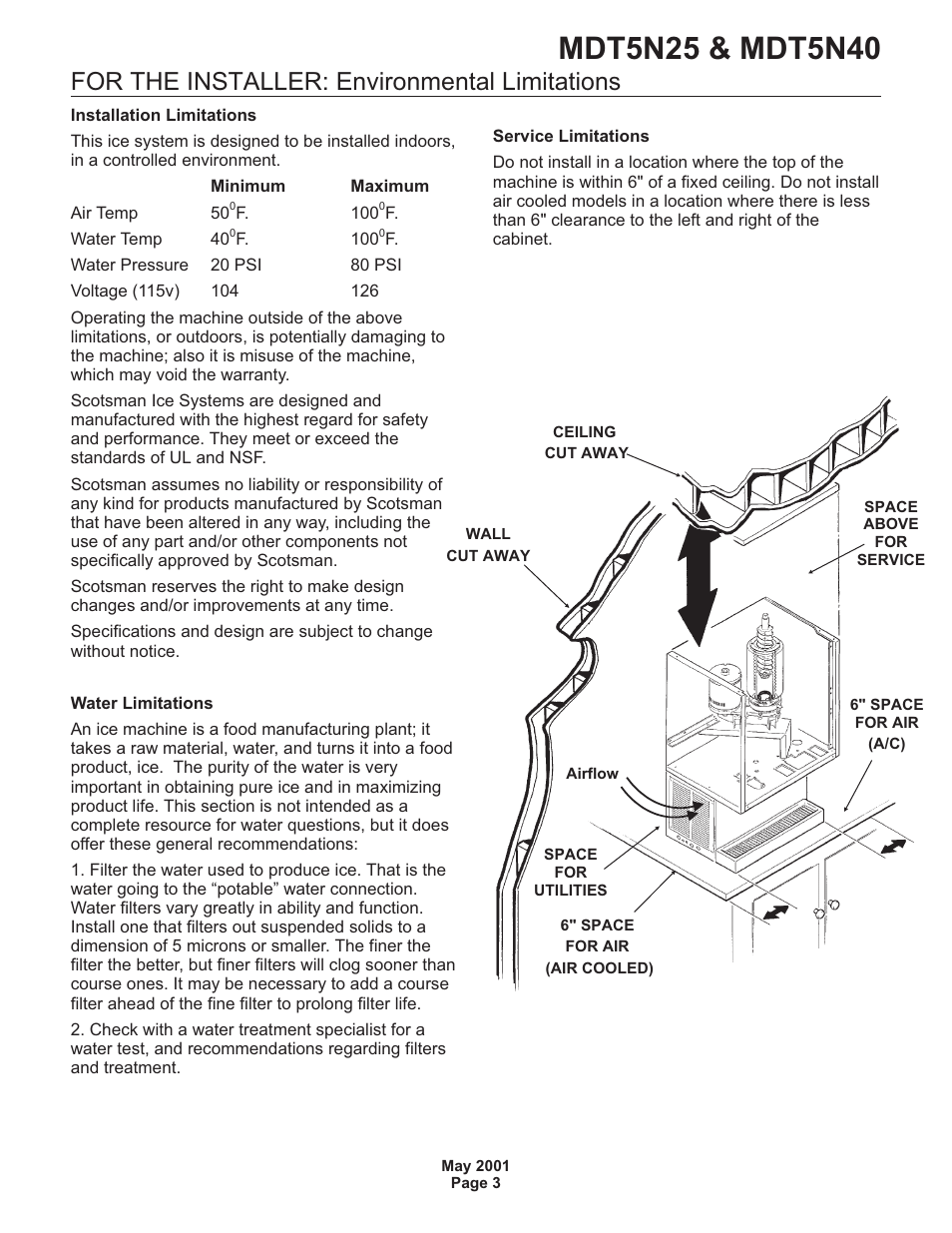 For the installer: environmental limitations | Scotsman MDT5N25 User Manual | Page 3 / 33