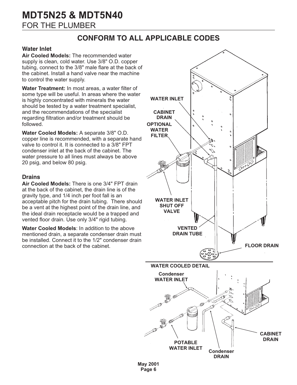 For the plumber, Conform to all applicable codes | Scotsman MDT5N25 User Manual | Page 6 / 33