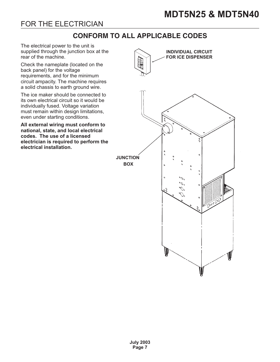 For the electrician, Conform to all applicable codes | Scotsman MDT5N25 User Manual | Page 7 / 33