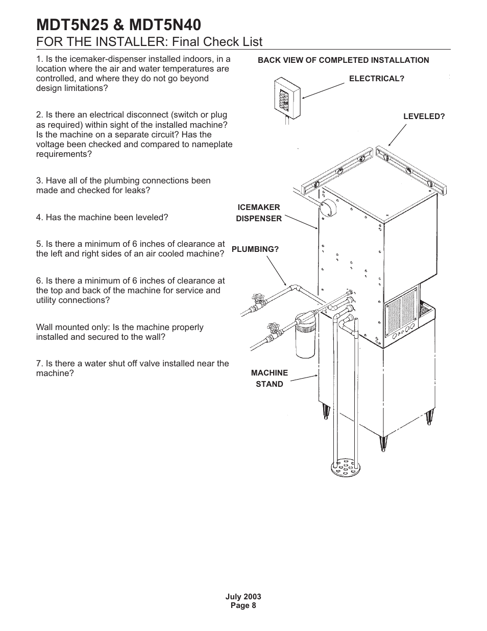 For the installer: final check list | Scotsman MDT5N25 User Manual | Page 8 / 33