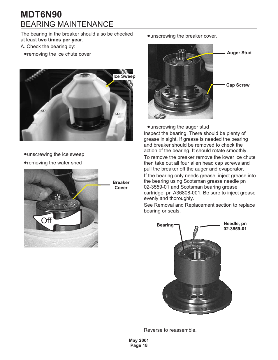 Mdt6n90, Bearing maintenance | Scotsman MDT6N90 User Manual | Page 18 / 28