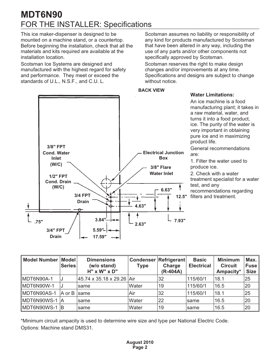 Mdt6n90, For the installer: specifications | Scotsman MDT6N90 User Manual | Page 2 / 28