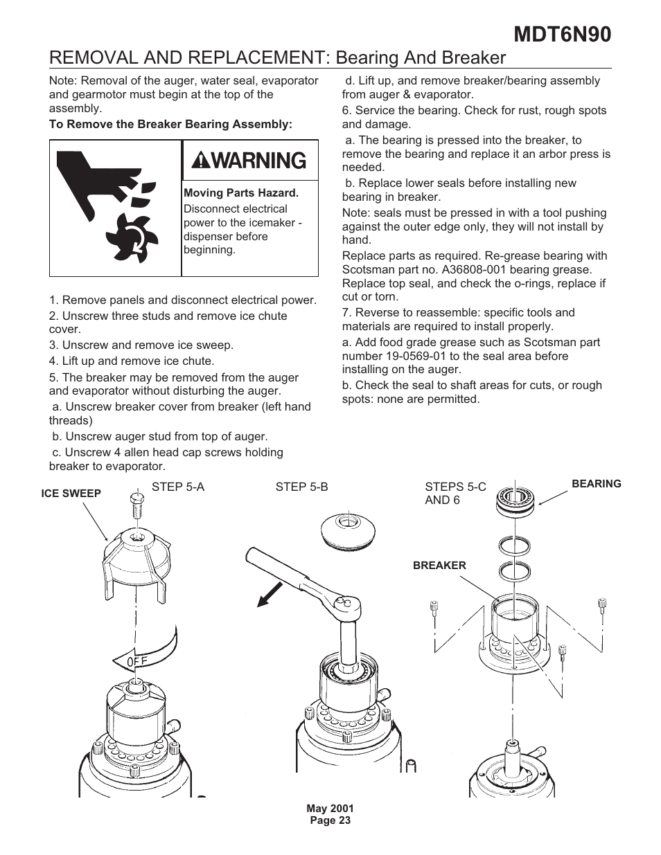 Mdt6n90, Removal and replacement: bearing and breaker | Scotsman MDT6N90 User Manual | Page 23 / 28