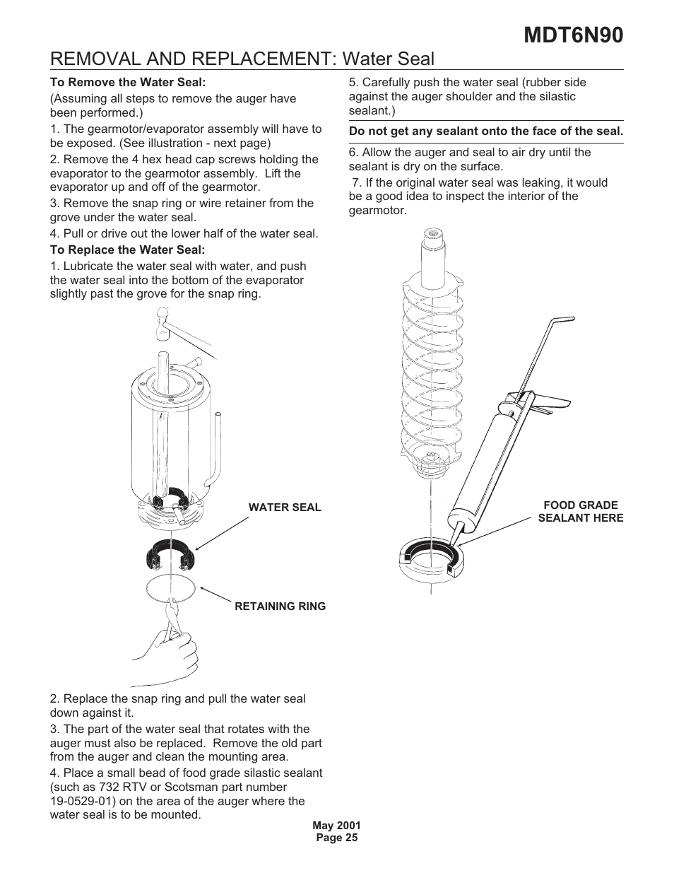 Mdt6n90, Removal and replacement: water seal | Scotsman MDT6N90 User Manual | Page 25 / 28