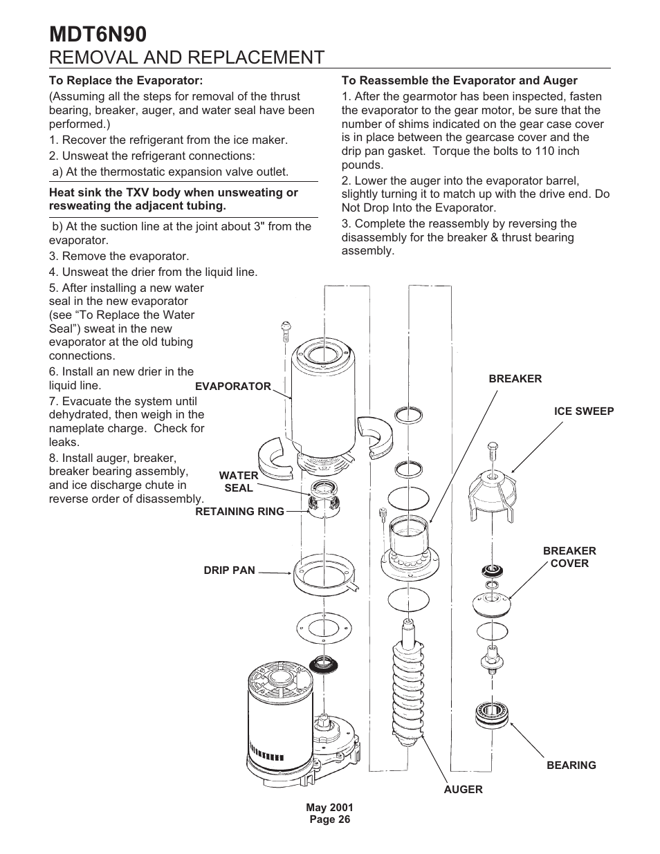 Mdt6n90, Removal and replacement | Scotsman MDT6N90 User Manual | Page 26 / 28