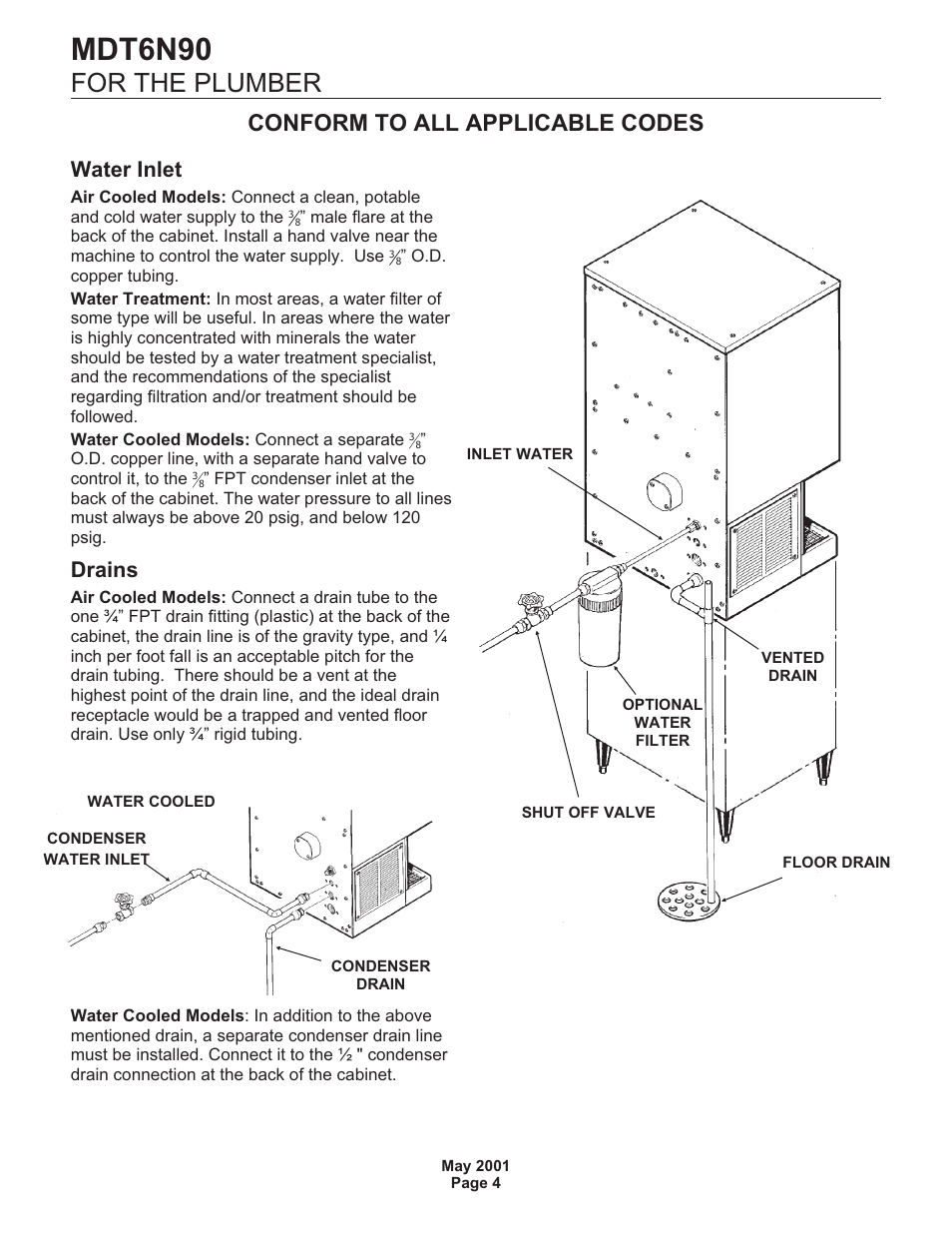 Mdt6n90, For the plumber, Conform to all applicable codes | Water inlet, Drains | Scotsman MDT6N90 User Manual | Page 4 / 28