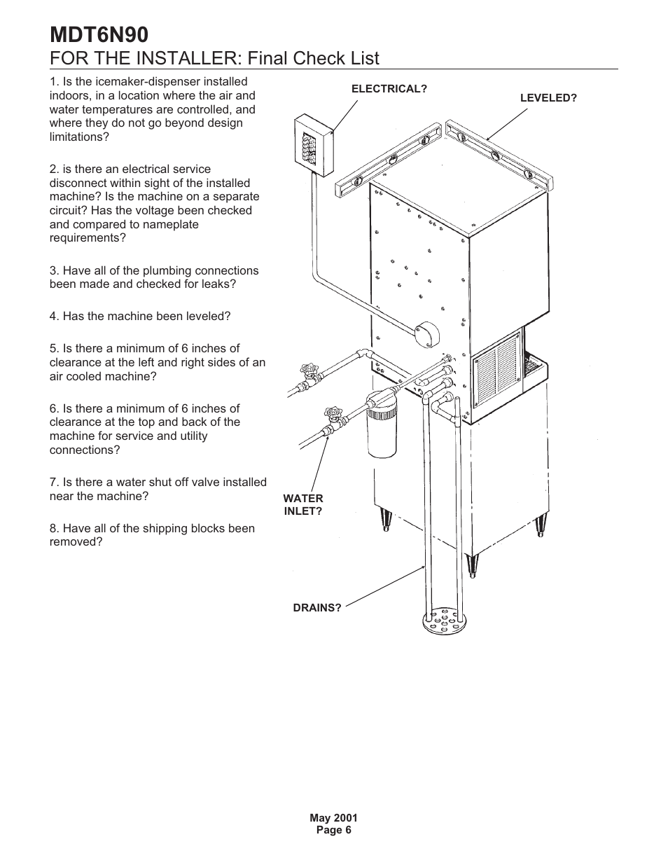 Mdt6n90, For the installer: final check list | Scotsman MDT6N90 User Manual | Page 6 / 28
