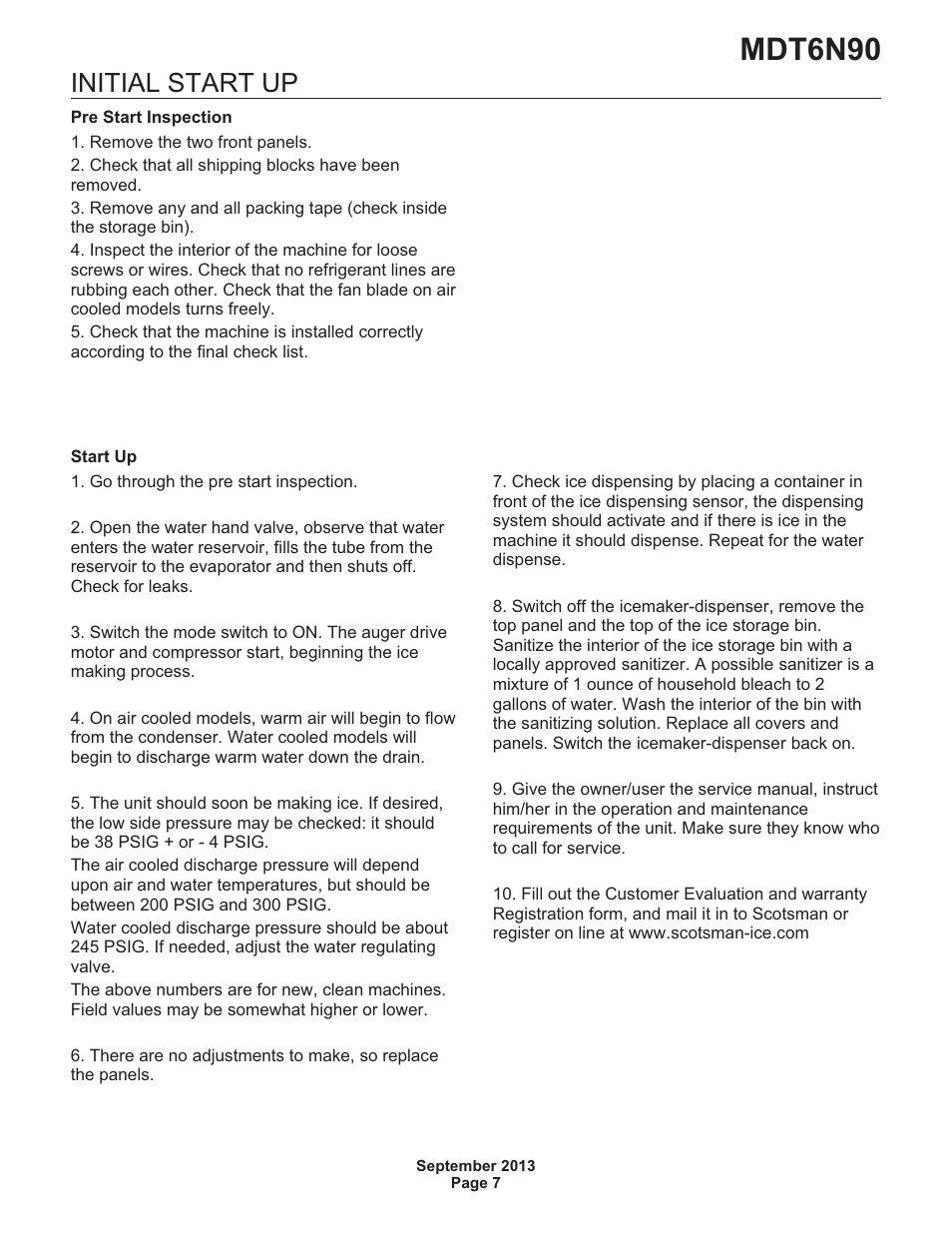 Mdt6n90, Initial start up | Scotsman MDT6N90 User Manual | Page 7 / 28