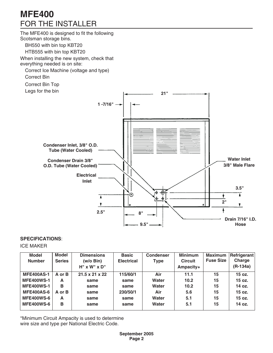Specifications, Mfe400, For the installer | Scotsman MFE400 User Manual | Page 2 / 23