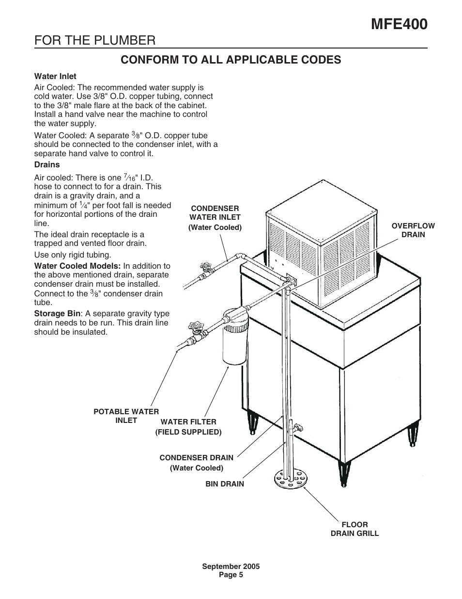 For the plumber, Mfe400, Conform to all applicable codes | Scotsman MFE400 User Manual | Page 5 / 23