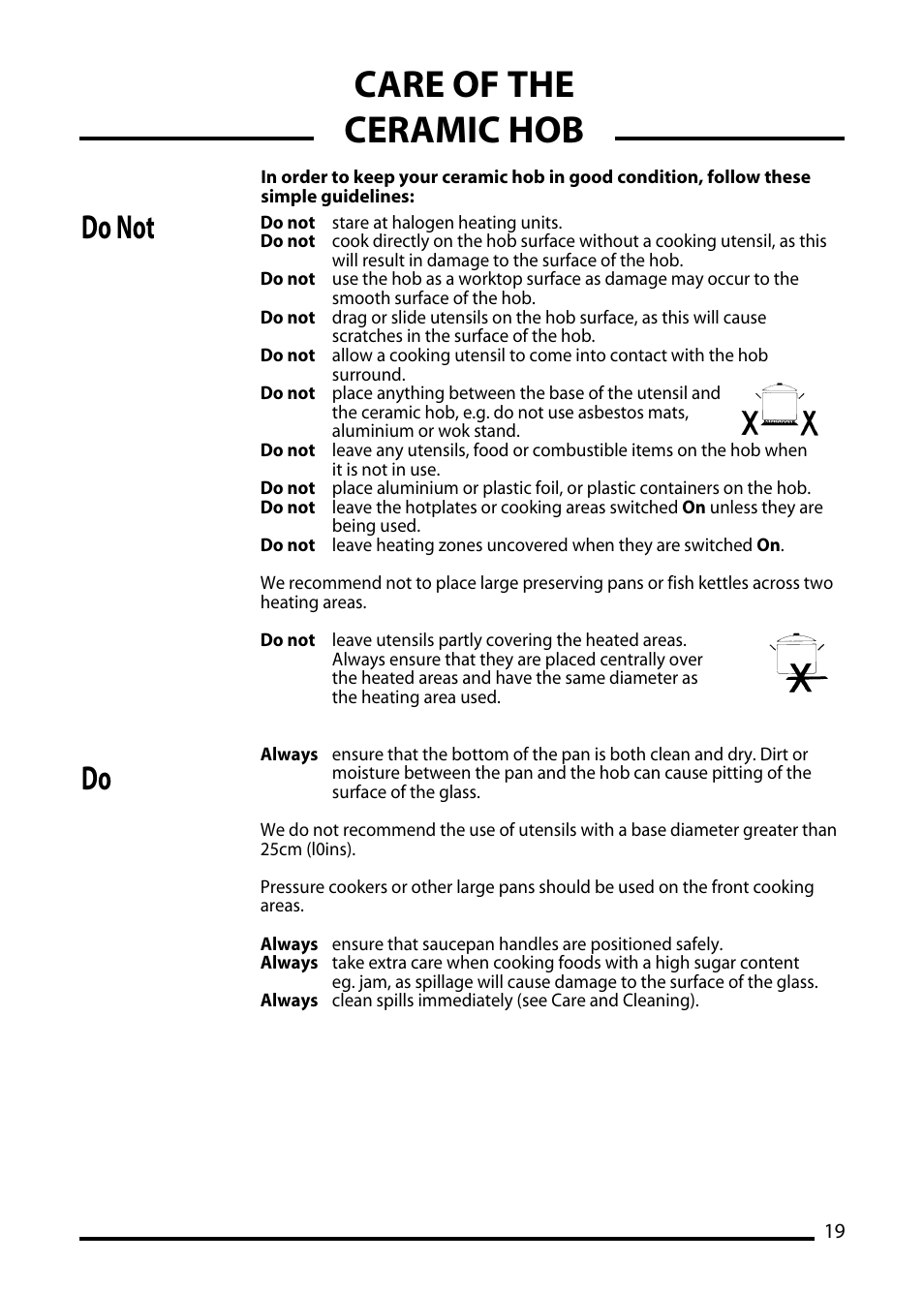 Care of the ceramic hob, Do not do | Cannon TRADITIONAL 60 User Manual | Page 19 / 36